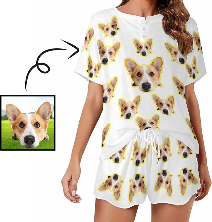 Custom Short Pajamas Set with Face Photo Women‘s Sleepwear Tee Personalized PJ - Image 2