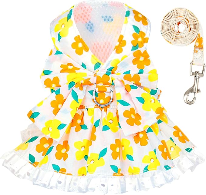 Dog Harness Dress Leash Set for Small Dog Summer Clothes Girl Female Puppy Cats by ABRRLO