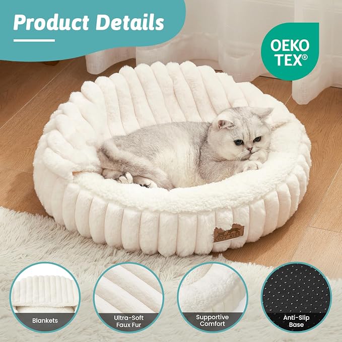 Cat Bed with Hooded Blanket, Round Fluffy Anti-Anxiety Pet Bed - Image 4