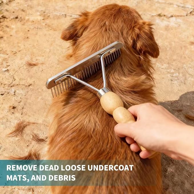 Undercoat Grooming Rake with Anti-Slip Wooden Handle, Steel Comb - Image 3