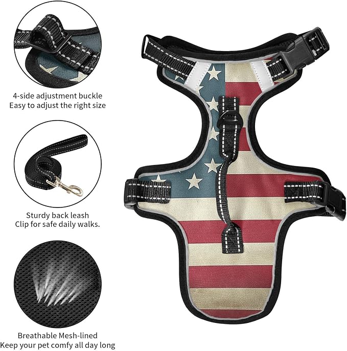 Vintage American Flag Dog/Cat Harness, Reflective No-Pull Pet Harness - Image 6