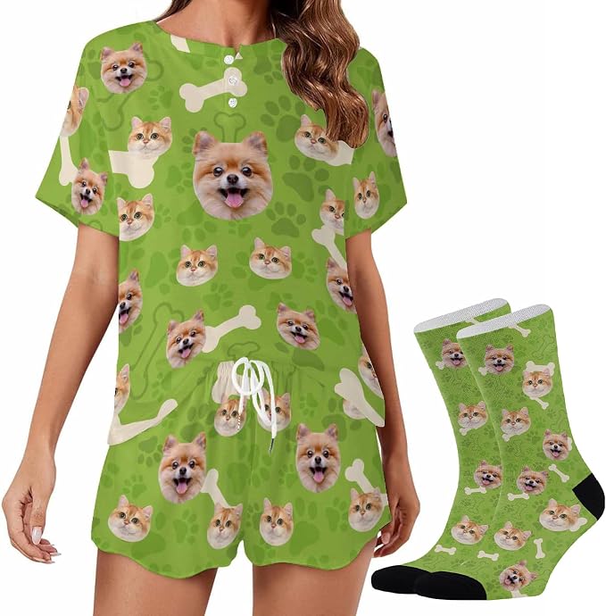 Custom Short Pajamas Set with Face Photo Women‘s Sleepwear Tee Personalized PJ by Jaydouble