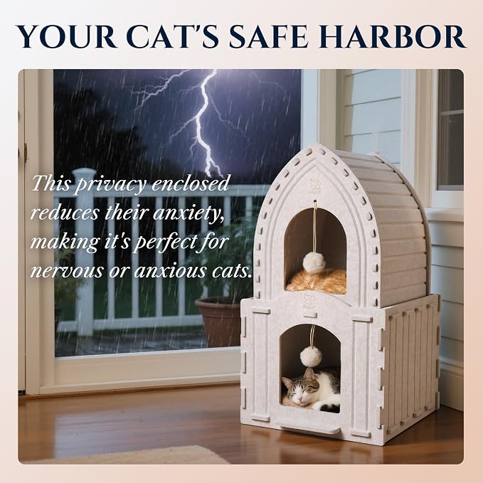 Apasiri 2-Story Cat House for Indoor Cats: Convertible 2-in-1 Felt Cat Condo - Image 2