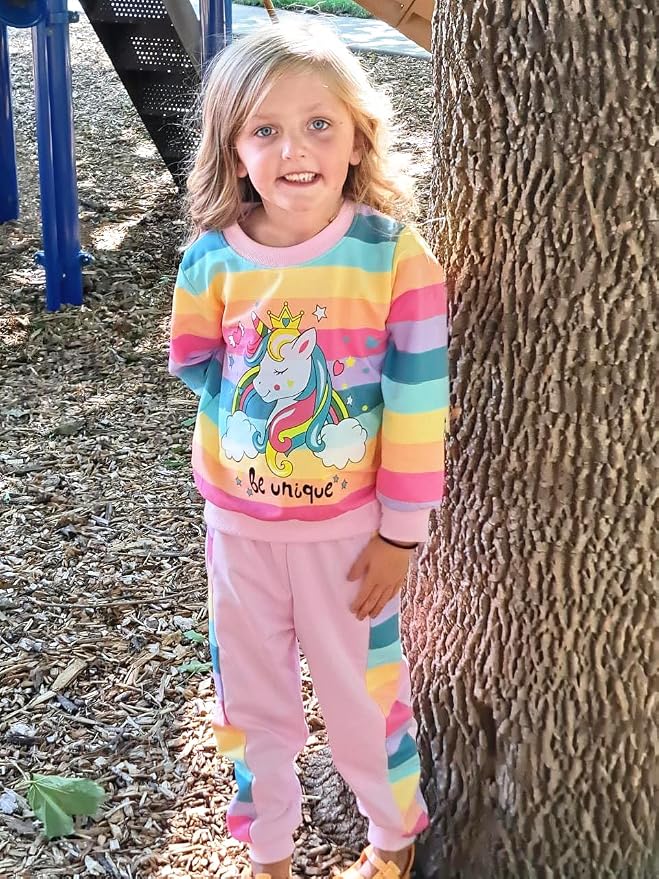 Little Girls Unicorn Outfits 2 Piece Kids Ruffle Sleeve Sweatshirt + Leggings - Image 2