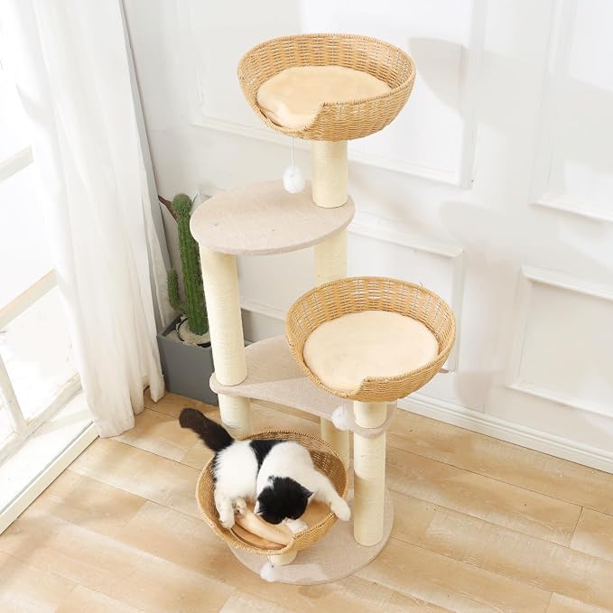 SHENGOCASE Modern Cat Tree Tower, Wooden Condo, 3 Large Rattan Wicker Basket - Image 2