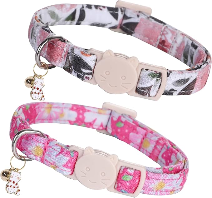 Elegant little tail 2 Pack Cat Collar-Pink Floral Print Cotton Breakaway Cat by Elegantlittletail