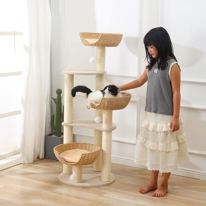 SHENGOCASE Modern Cat Tree Tower, Wooden Condo, 3 Large Rattan Wicker Basket - Image 6