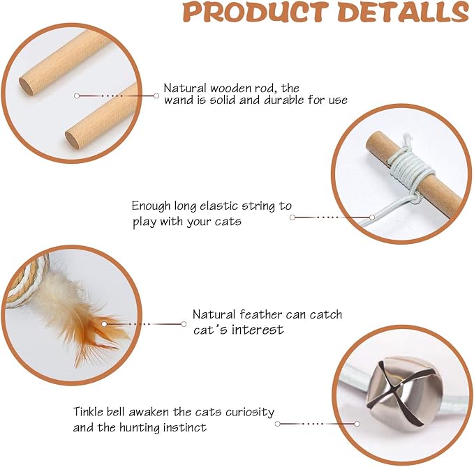 3-Pack Cat Wand Toys, 16-Inch Natural Wooden Teaser Wand - Image 2