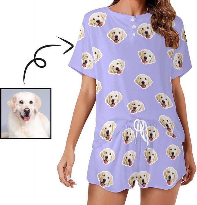 Custom Short Pajamas Set with Face Photo Women‘s Sleepwear Tee Personalized PJ - Image 2