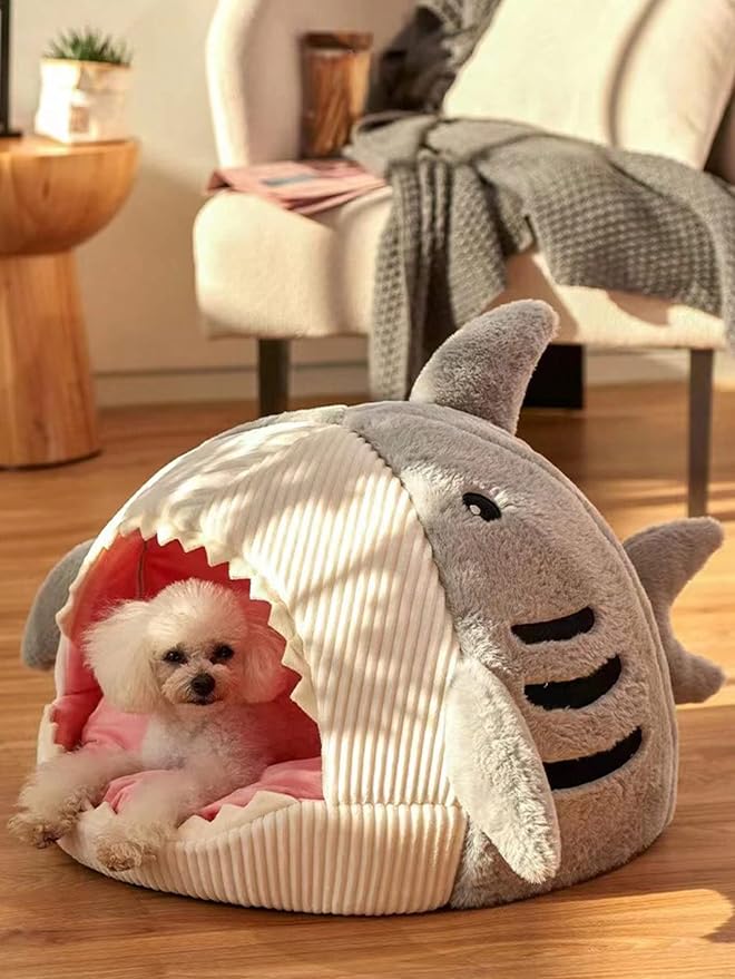 QWINEE Cat Mat Shark-Shaped Kennel Kitten Bed Hideout House Warm Soft - Image 3