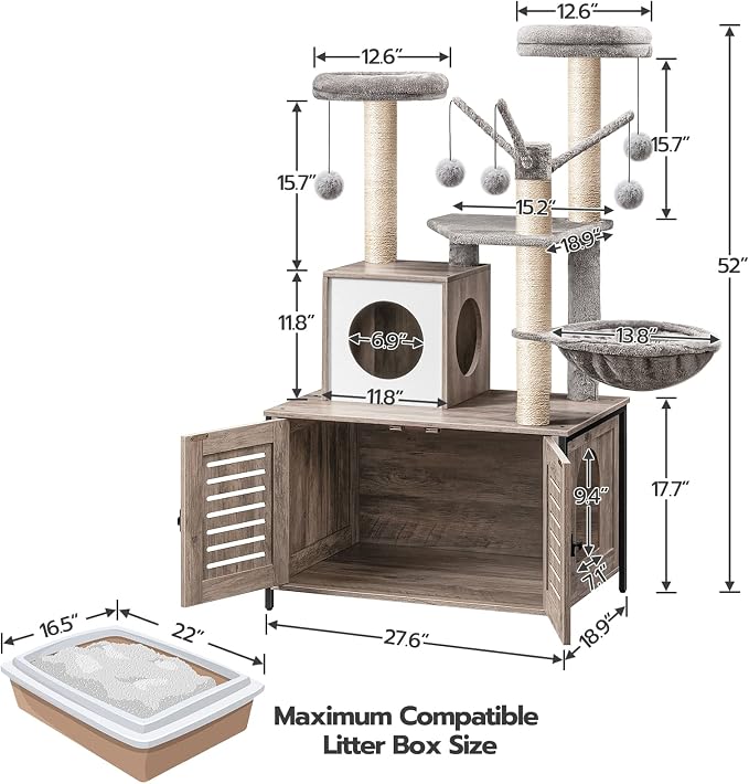 HOOBRO Cat Tree with Litter Box Enclosure, 27.6" L x 18.9" W x 52" H, - Image 9