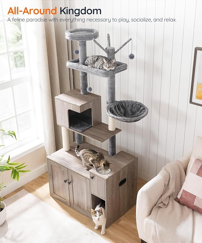 HOOBRO Cat Tree with Litter Box Enclosure, 68.9" H Cat Tower with Food Bowl and - Image 8