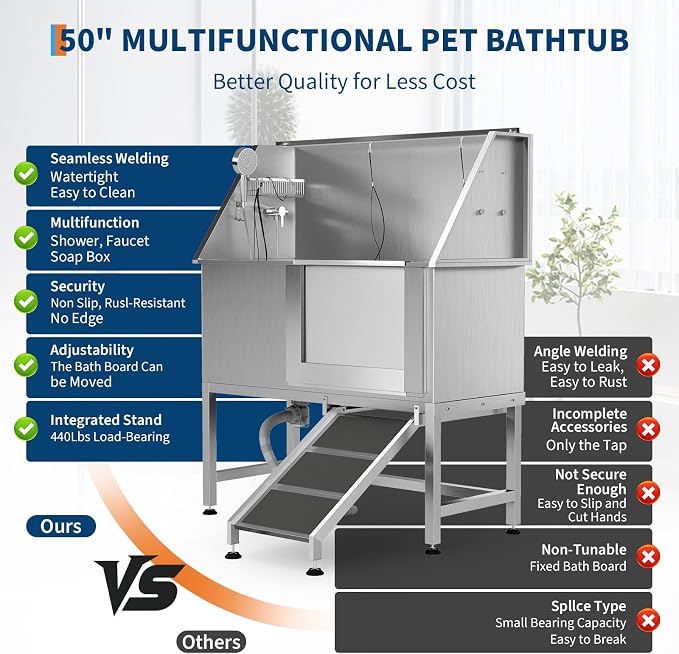 50 Inch Dog Washing Station, Stainless Steel Dog Bathtub with Left Ramps, Pet Dog Bathing Station with Floor Grate, Professional Dog Grooming Tub for Large, Medium, Small Pets - Image 6