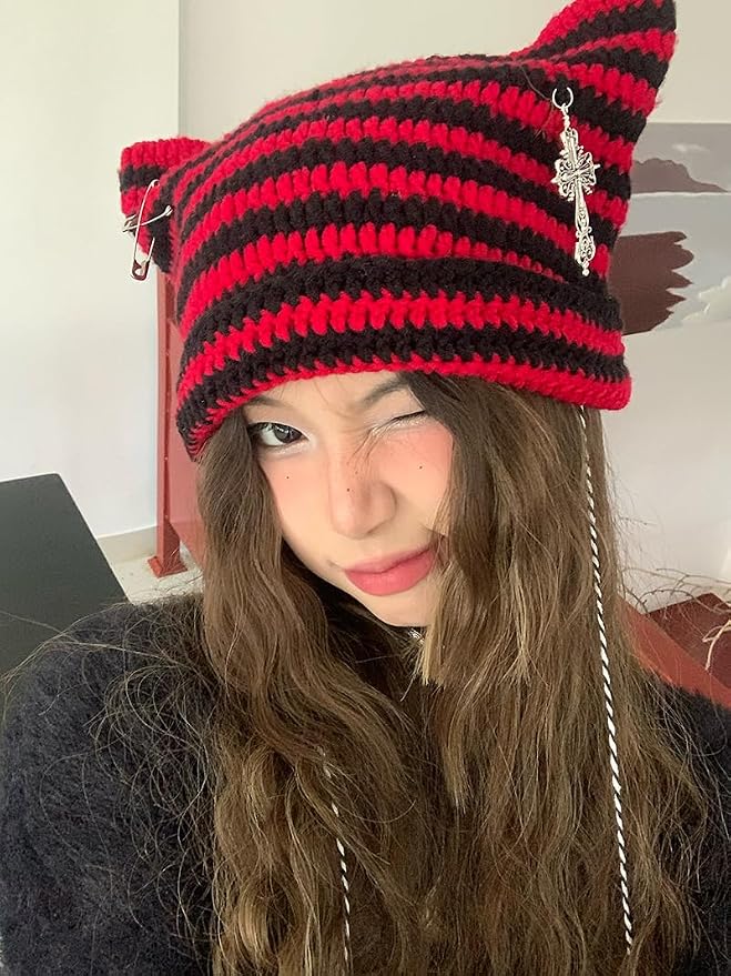 Y2k Beanies Crochet Knitted Cat Hats Goth Cross Devil Hat Striped Alt Emo - Image 3