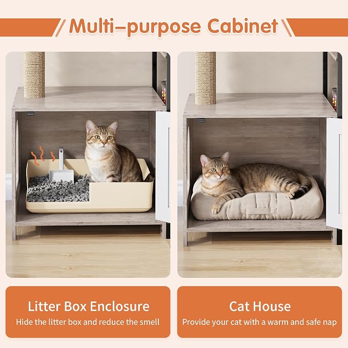Cat Tree with Food Station and Litter Box Enclosure, Plush Hammock in Gray - Image 6