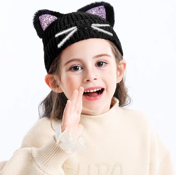 Bellady Mother Children Sequin Cat Ears Hats Warm Knit Crochet Beanies Cute - Image 5