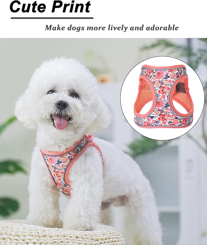 XXS Peach Flower Pattern Dog Harness and Leash Set, No Escape Puppy Harnesses - Image 2