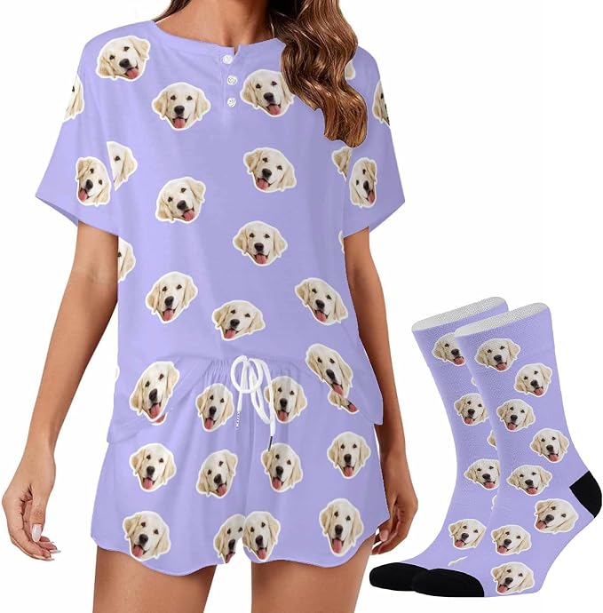 Custom Short Pajamas Set with Face Photo Women‘s Sleepwear Tee Personalized PJ by Jaydouble