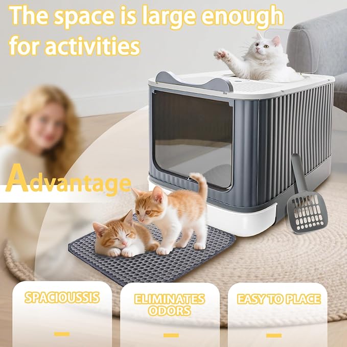 Cat Litter Box with Litter Mat, Enclosed Removable Litter Boxs, Front Entry Top - Image 4