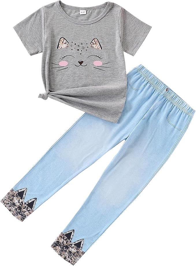 4-8T Toddler Girl Clothes Cat face print Short Sleeve Top+Pants Outfits Girl by Unknown