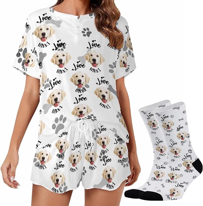 Custom Short Pajamas Set with Face Photo Women‘s Sleepwear Tee Personalized PJ by Jaydouble
