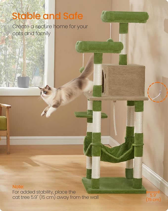 Feandrea Cat Tree, 56.3-Inch Cat Tower, 2 Perches, Grass Green and Camel Brown - Image 6