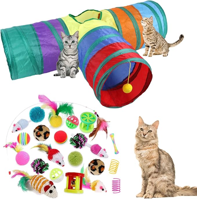 32Pcs Cat Toys Kitten Interactive Pet Toys Assortments, Foldable Rainbow Tunnel by ISMARTEN
