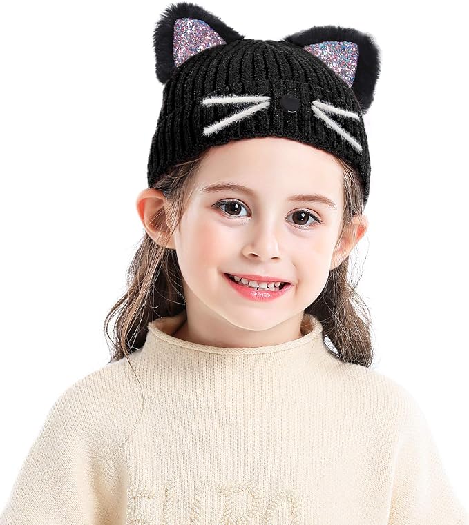 Bellady Mother Children Sequin Cat Ears Hats Warm Knit Crochet Beanies Cute by Bellady