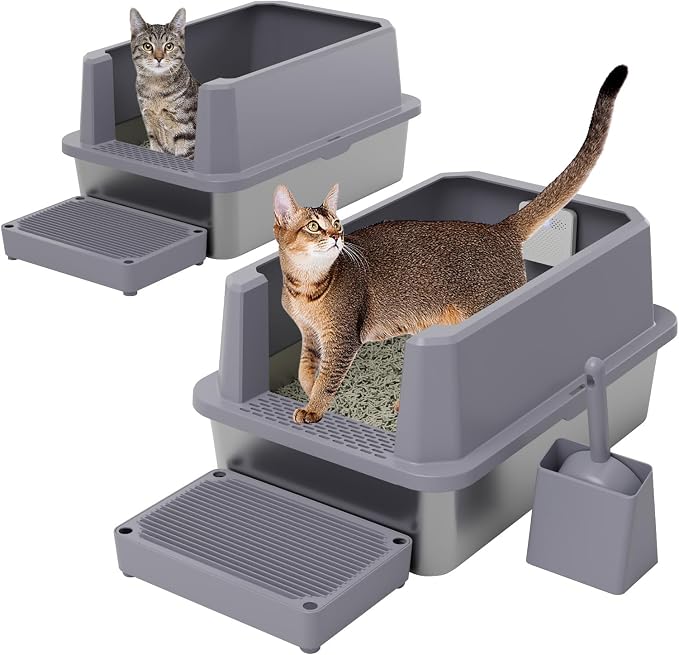 RIZZARI Stainless Steel Litter Box: Gray Leakproof Open Top Tray by RIZZARI