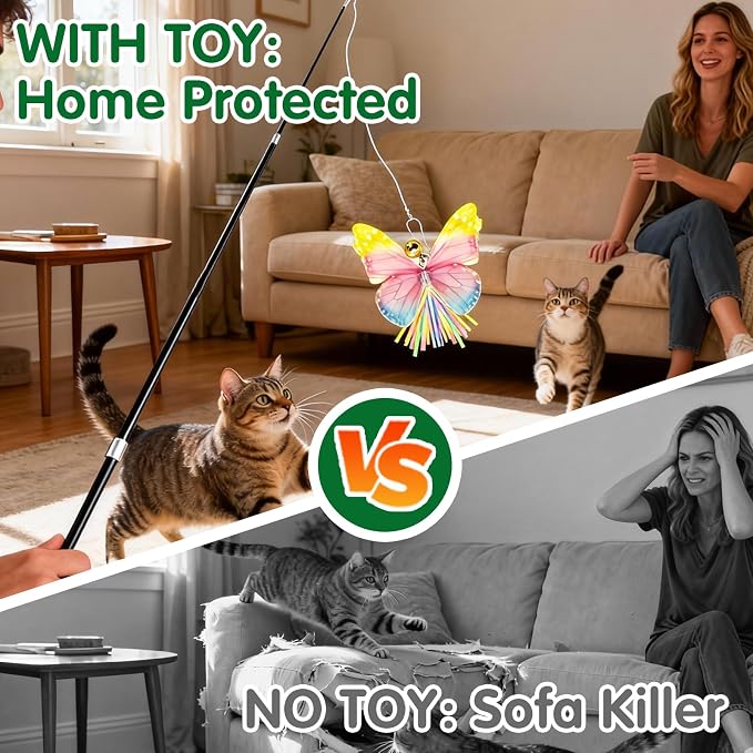 Walfront Interactive Cat Toy, Butterfly Teaser Wand, Retractable 3-Section Cat - Image 3