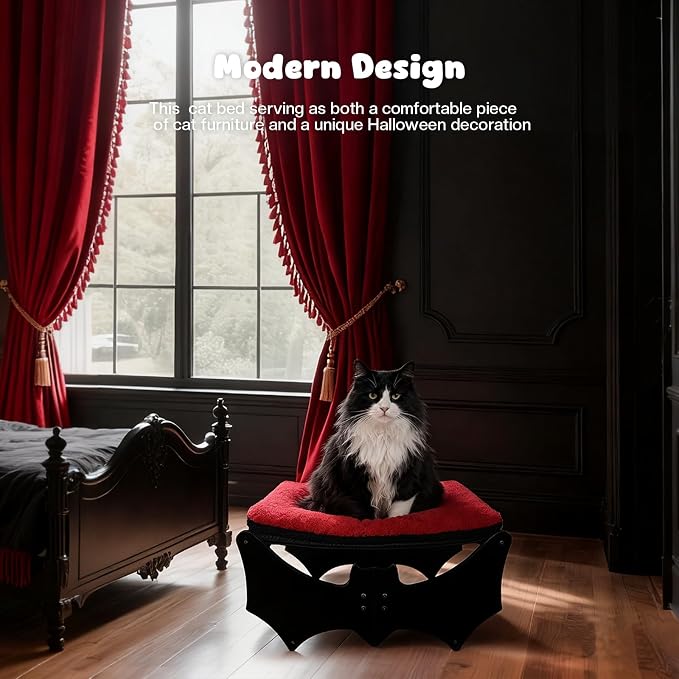 Gothic Cat Bed with Bat Design, Wooden Elevated Cat Beds with Sisal Scratching - Image 5