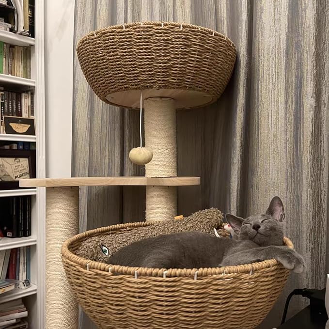 54" Large Modern Cat Trees, Luxury Rattan Oak Solid Wood Cat Trees Towers，3 - Image 3