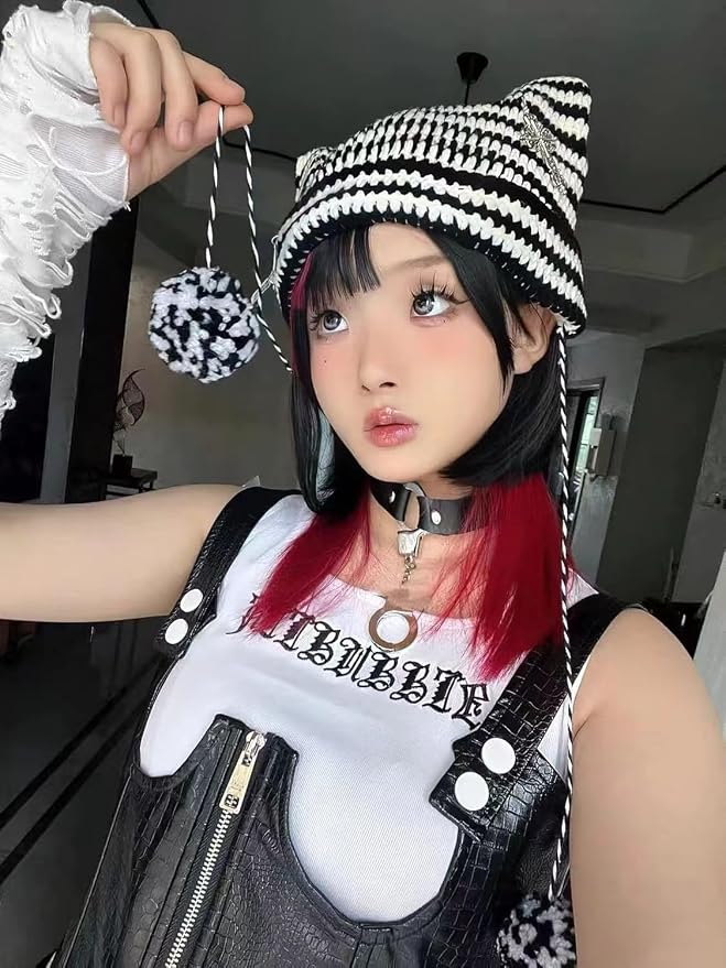 Y2k Beanies Crochet Knitted Cat Hats Goth Cross Devil Hat Striped Alt Emo - Image 5