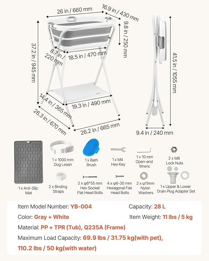 VEVOR Dog Bathtub, Elevated Dog Bath Tub, 2 in 1 Collapsible Pet Bathing Grooming Wash Station, Portable Foldable Space-Saving, Built-in Drain Outlet with Drain Hose for Small Pet Cat, Gray & White - Image 7