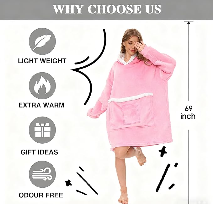 Wearable Blanket Hoodie with Giant Pocket, Soft Warm Sherpa Fleece Oversized - Image 3