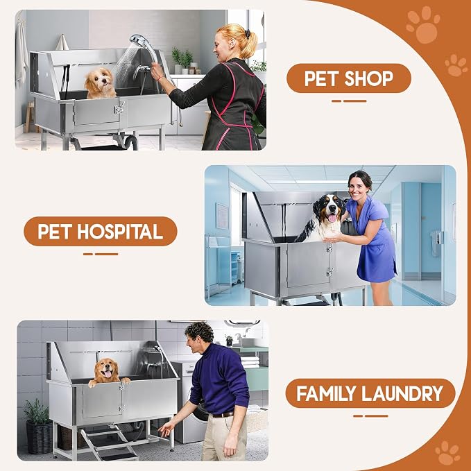 Albott 50 Inch Stainless Steel Dog Washing Station with Non-Slip Steps, Sprayer, Faucet, Soap Box – Professional Pet Bathtub for Small and Medium Pets, Use at Home, Garage, or Grooming (Right Door) - Image 8