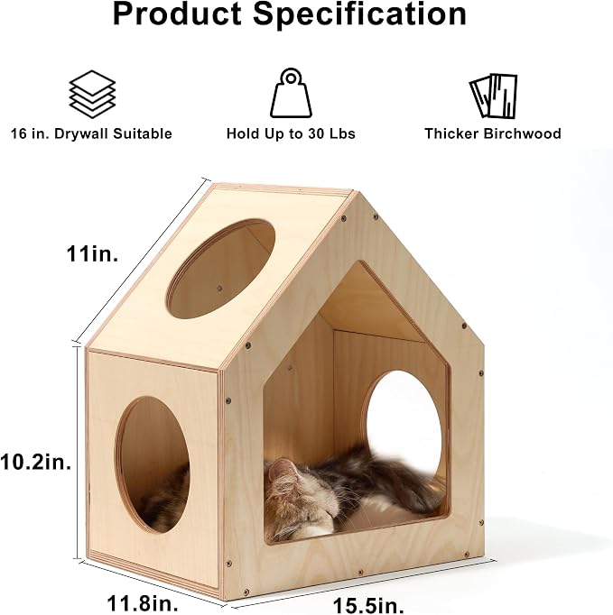 FUKUMARU Cat House Wall Mounted, 15.5x11.8x18 Inches Birch Plywood Condo - Image 2
