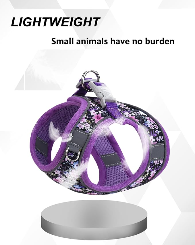 XXS Purple Flower Pattern Dog Harness and Leash Set, No Escape Puppy Harnesses - Image 3