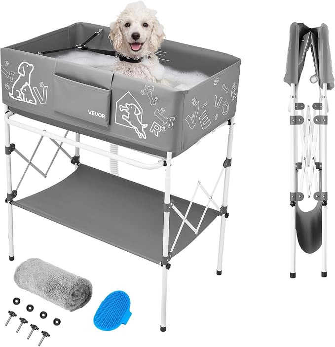 VEVOR Dog Bathtub, Elevated Dog Bath Tub, Collapsible Pet Bathing Grooming Wash Station, Portable Foldable Space-Saving, with Built-in Drain Hose for Small and Medium Pet Cat Indoor & Outdoor, Gray by VEVOR