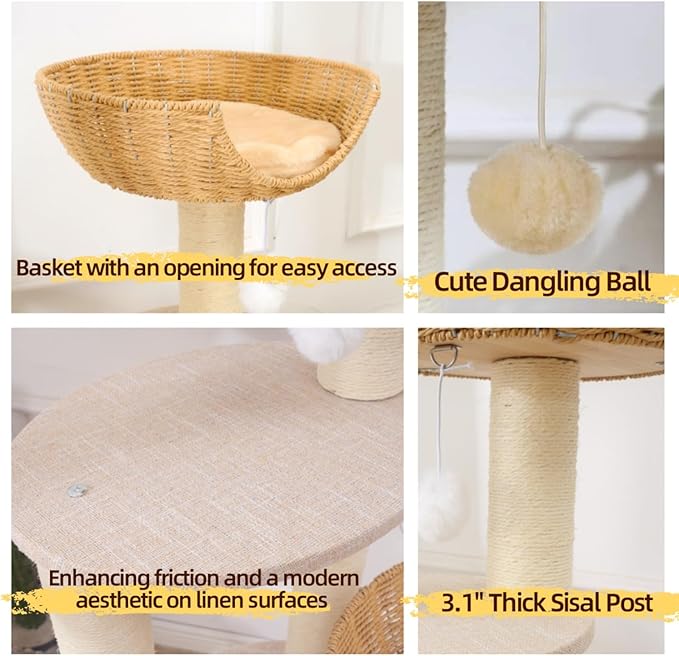 SHENGOCASE Modern Cat Tree Tower, Wooden Condo, 3 Large Rattan Wicker Basket - Image 5