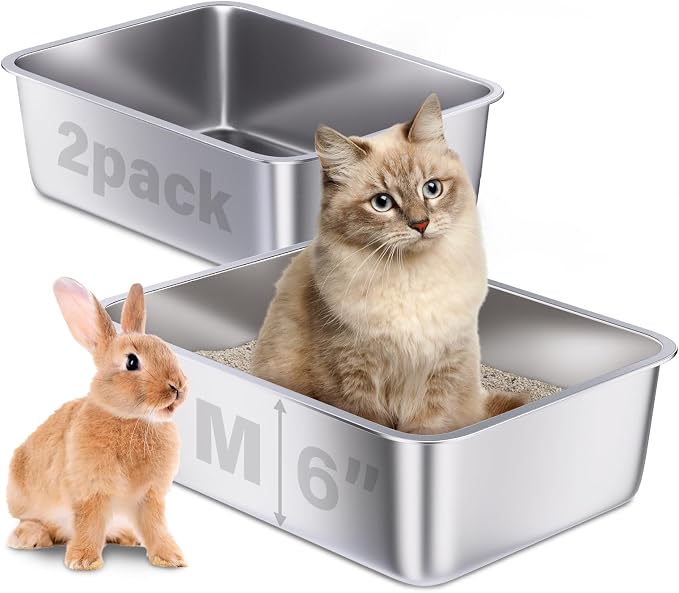 Stainless Steel Litter Box 2 Pack, Never Absorb Odor, Non Stick Metal Litterbox by Holintan