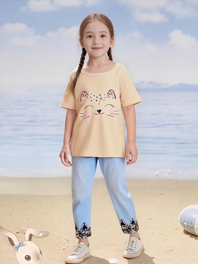4-8T Toddler Girl Clothes Cat face print Short Sleeve Top+Pants Outfits Girl - Image 6