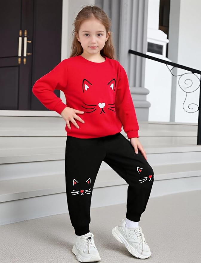 4-8T Toddler Girl Clothes Cat face print Short Sleeve Top+Pants Outfits Girl - Image 4