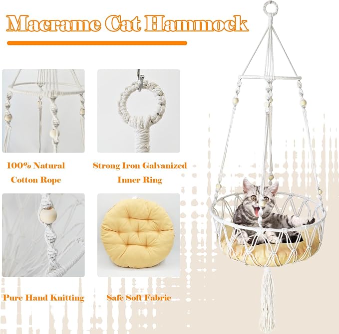 Macrame Cat Hammock Bed, Handwoven Hanging Boho Cat Bed - Image 7