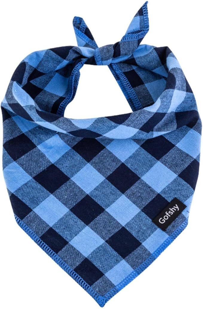 Boy Dog Bandana Large- Blue Black Dog Scarf Buffalo Plaid Printing Adjustable by Gofshy