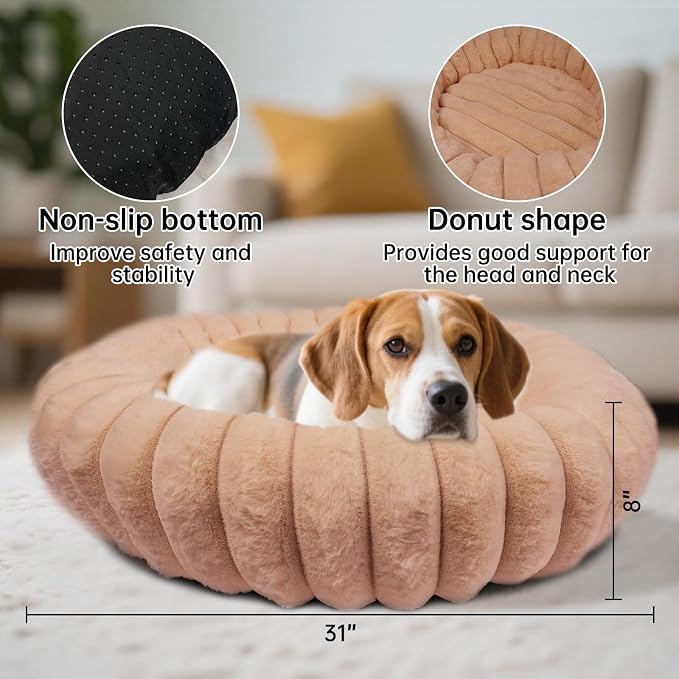 Donut Dog and Cat Bed, Luxurious Comfortable Faux Rabbit Fur Pet Beds, Round - Image 2