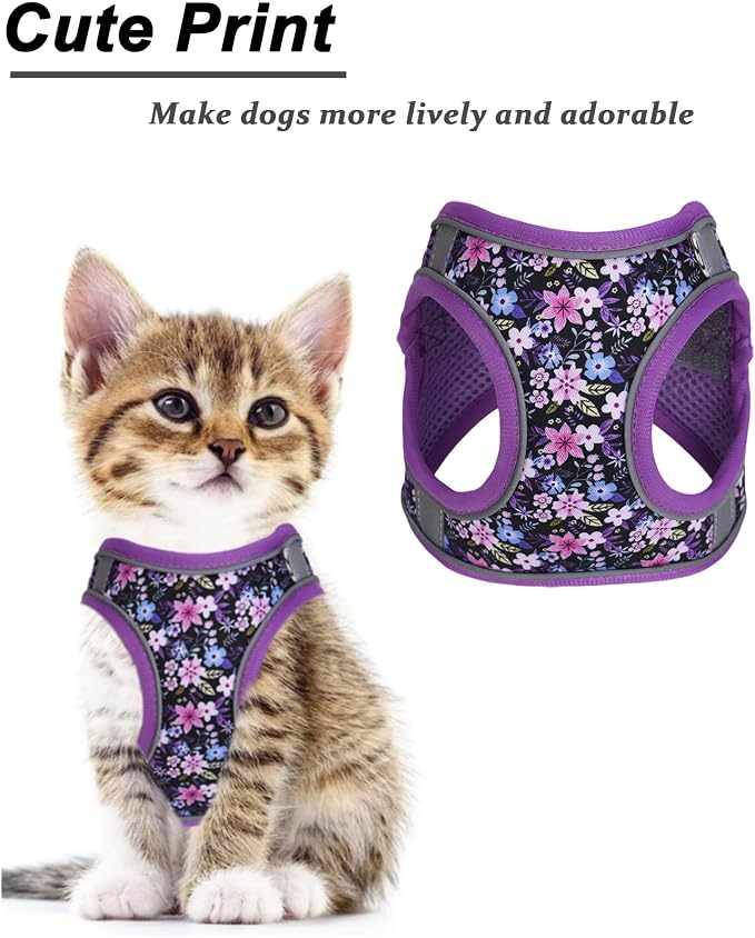 XS Purple Flower Pattern Dog Harness and Leash Set, No Escape Puppy Harnesses - Image 2