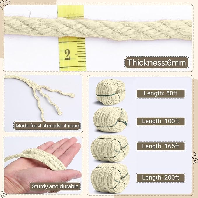 Sisal Rope for Cat Scratcher 1/4" 50 Ft Cat Tree Twine for Repairing Cat - Image 4