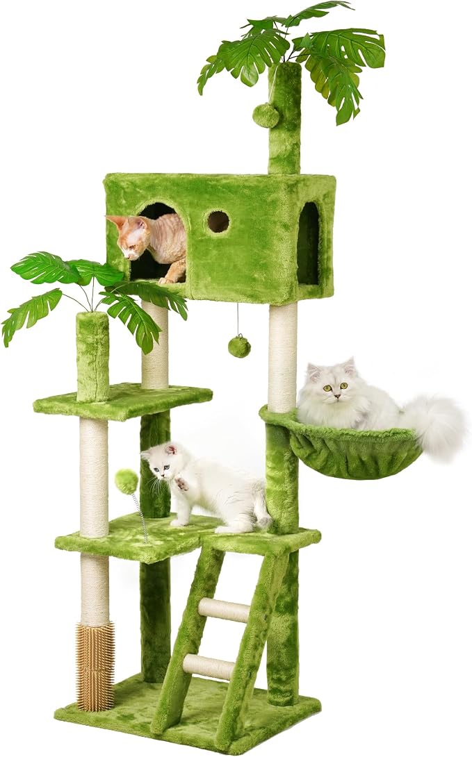 65in Tall Cat Tree with Leaves for Indoor Cats, Hanging Hammock, Cozy Perch by Meecal