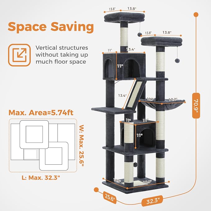 PAWZ Road Large Cat Tower, 70 Inches Tall Cat Tree - Image 2